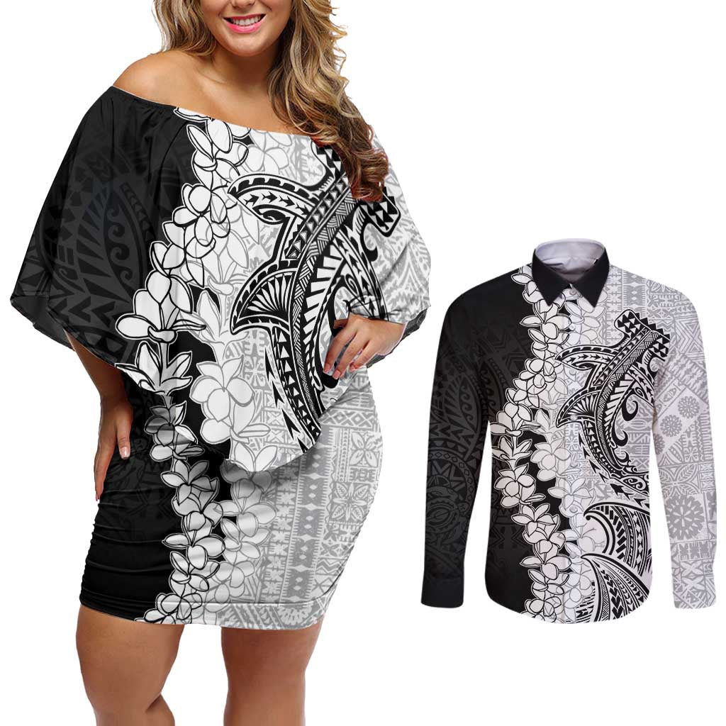 Polynesian Plumeria Lei Couples Matching Off Shoulder Short Dress and Long Sleeve Button Shirt with Hammerhead Shark LT7 Black - Polynesian Pride