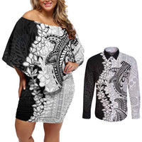 Polynesian Plumeria Lei Couples Matching Off Shoulder Short Dress and Long Sleeve Button Shirt with Hammerhead Shark LT7 Black - Polynesian Pride