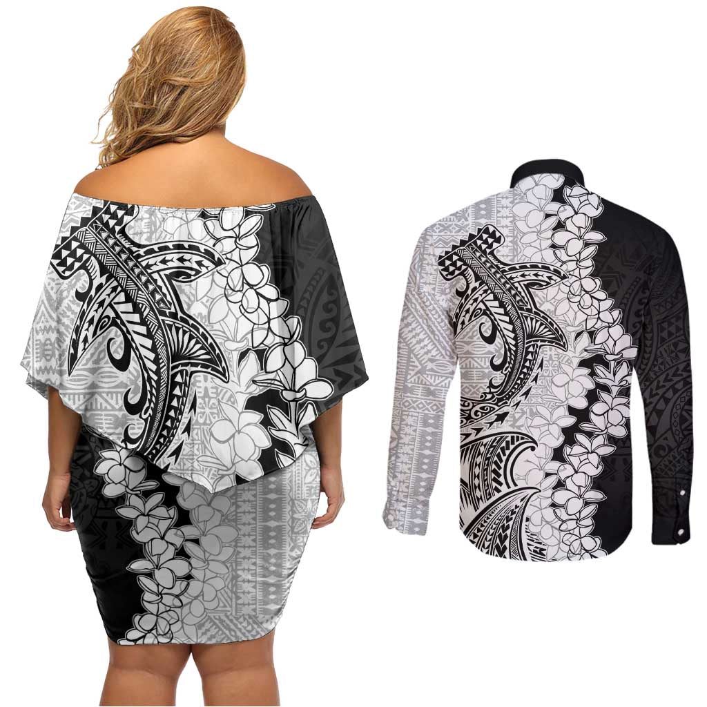 Polynesian Plumeria Lei Couples Matching Off Shoulder Short Dress and Long Sleeve Button Shirt with Hammerhead Shark LT7 - Polynesian Pride