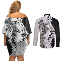Polynesian Plumeria Lei Couples Matching Off Shoulder Short Dress and Long Sleeve Button Shirt with Hammerhead Shark LT7 - Polynesian Pride