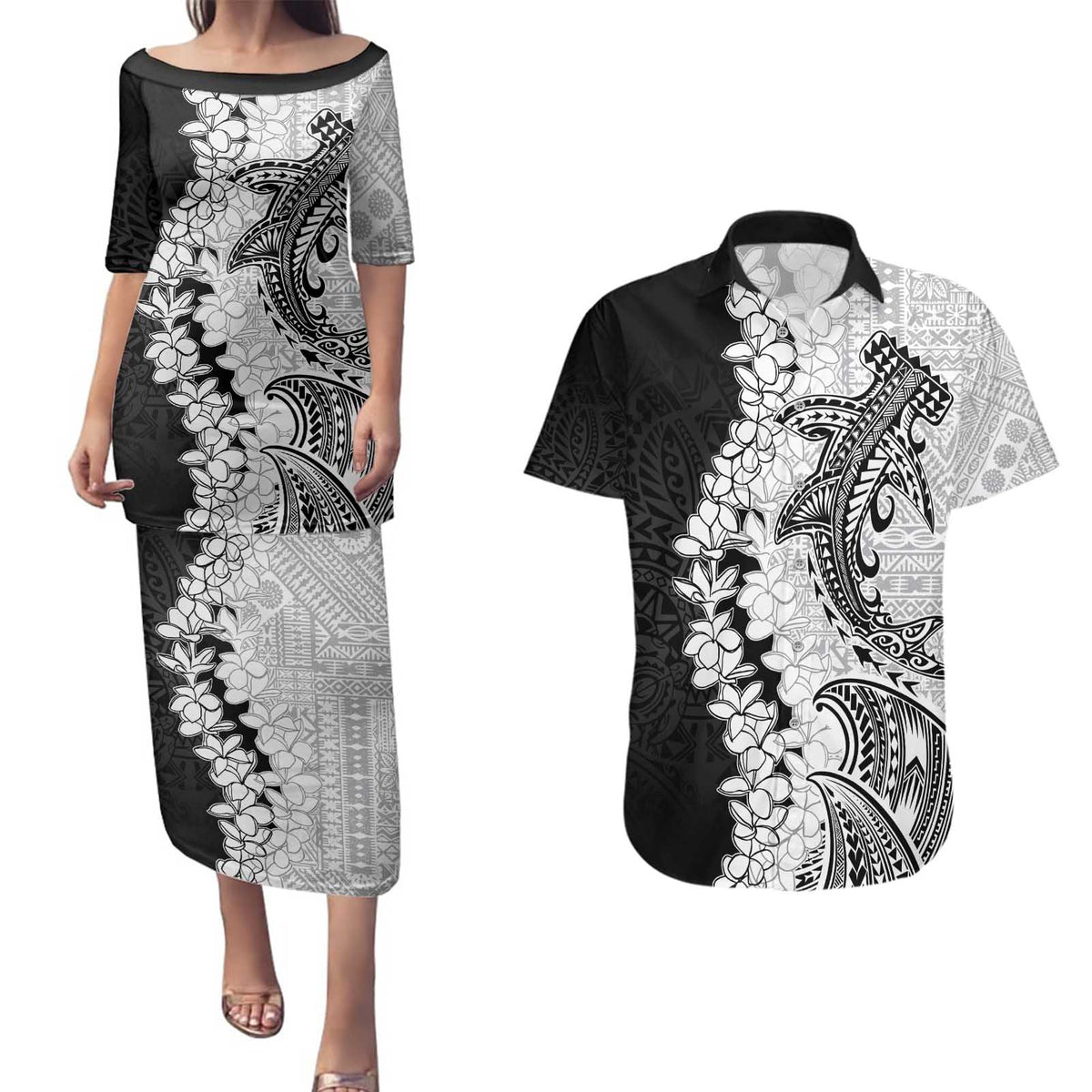 Polynesian Plumeria Lei Couples Matching Puletasi and Hawaiian Shirt with Hammerhead Shark LT7 Black - Polynesian Pride