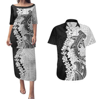 Polynesian Plumeria Lei Couples Matching Puletasi and Hawaiian Shirt with Hammerhead Shark LT7 Black - Polynesian Pride