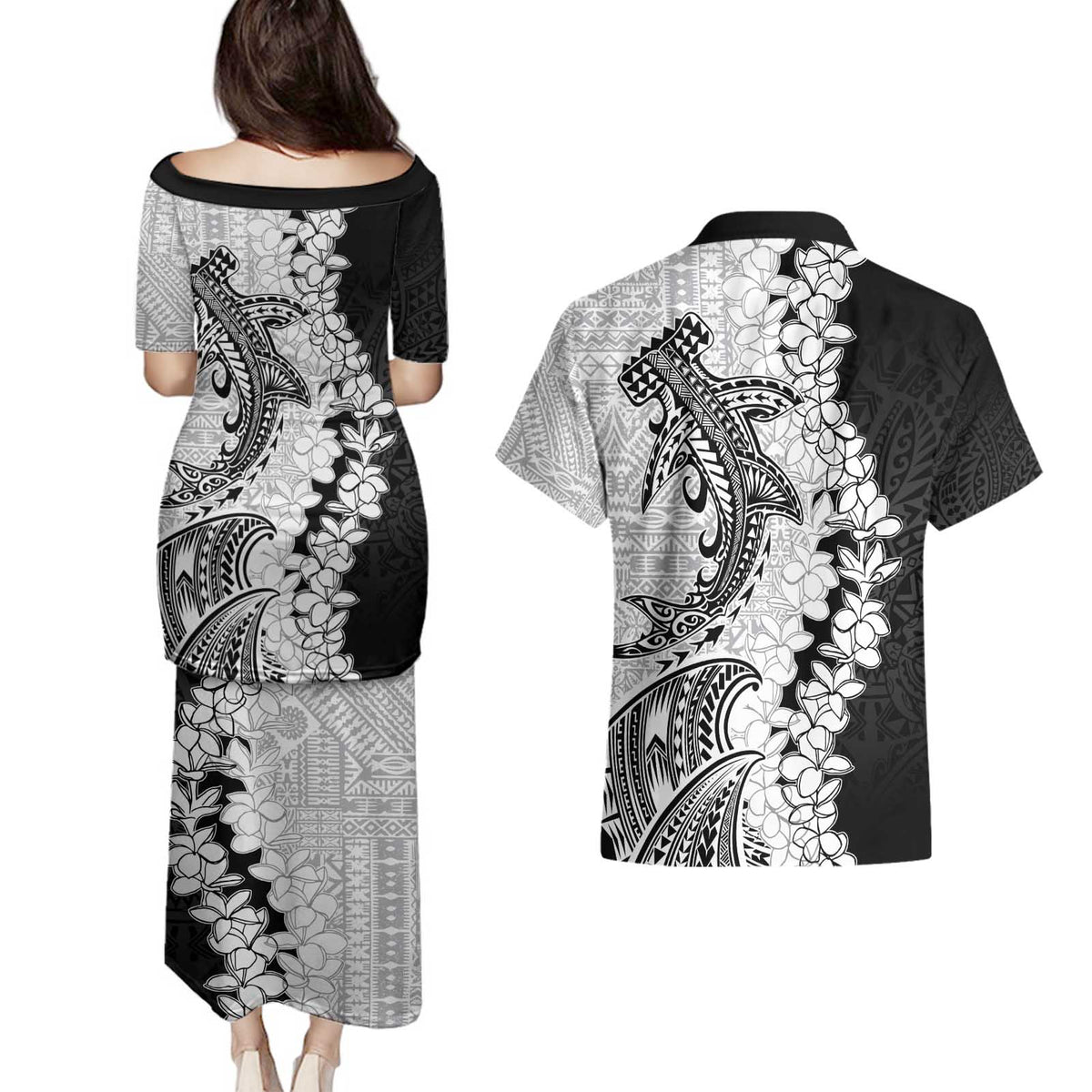 Polynesian Plumeria Lei Couples Matching Puletasi and Hawaiian Shirt with Hammerhead Shark LT7 - Polynesian Pride