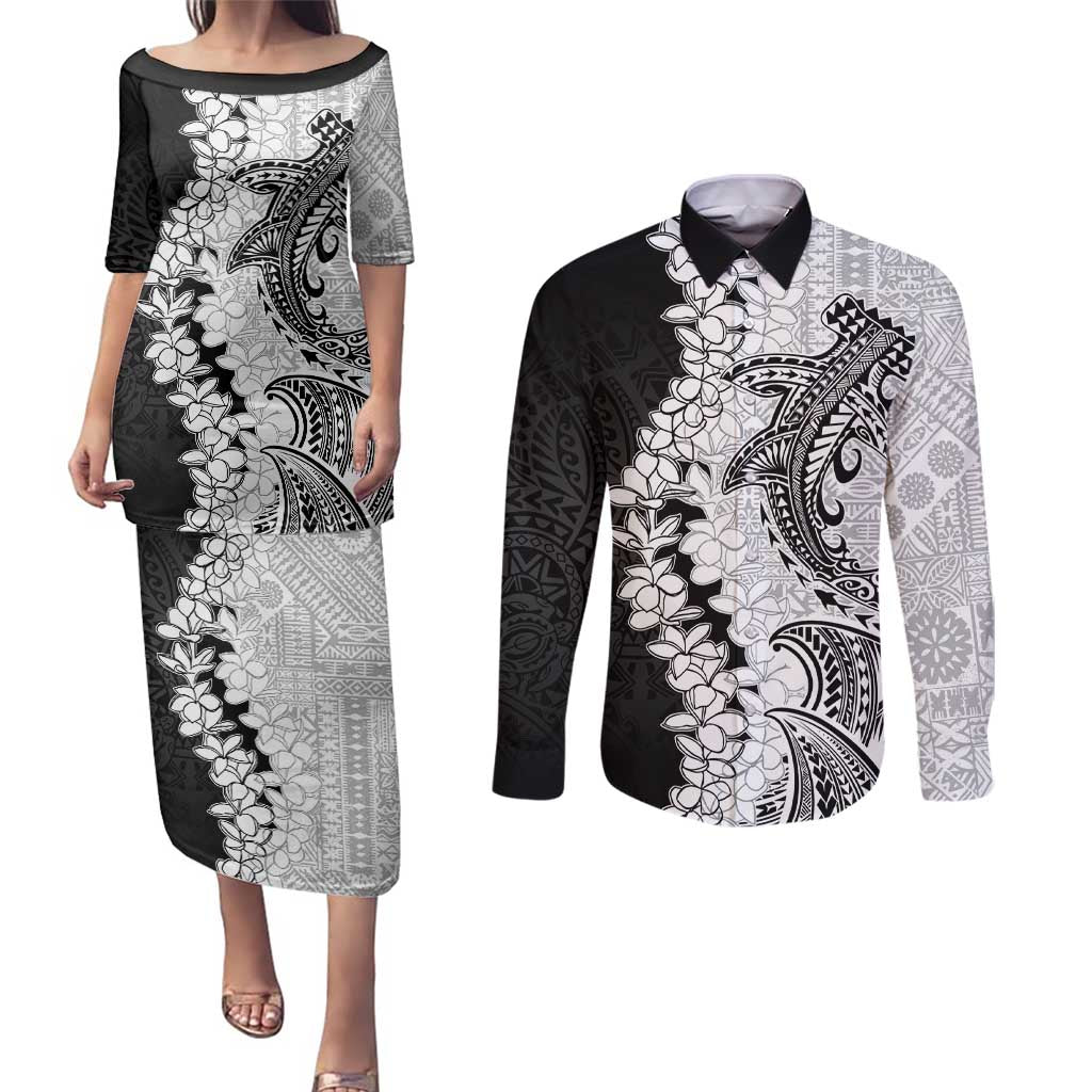 Polynesian Plumeria Lei Couples Matching Puletasi and Long Sleeve Button Shirt with Hammerhead Shark LT7 Black - Polynesian Pride