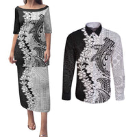 Polynesian Plumeria Lei Couples Matching Puletasi and Long Sleeve Button Shirt with Hammerhead Shark LT7 Black - Polynesian Pride