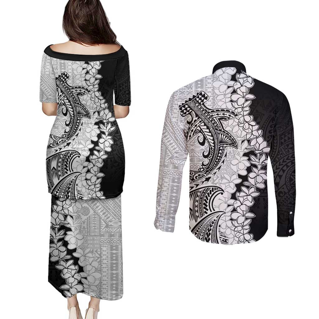 Polynesian Plumeria Lei Couples Matching Puletasi and Long Sleeve Button Shirt with Hammerhead Shark LT7 - Polynesian Pride
