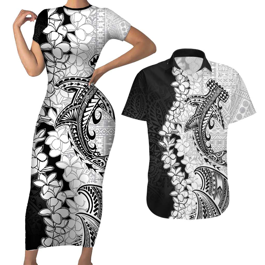 Polynesian Plumeria Lei Couples Matching Short Sleeve Bodycon Dress and Hawaiian Shirt with Hammerhead Shark LT7 Black - Polynesian Pride