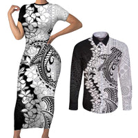 Polynesian Plumeria Lei Couples Matching Short Sleeve Bodycon Dress and Long Sleeve Button Shirt with Hammerhead Shark LT7 Black - Polynesian Pride