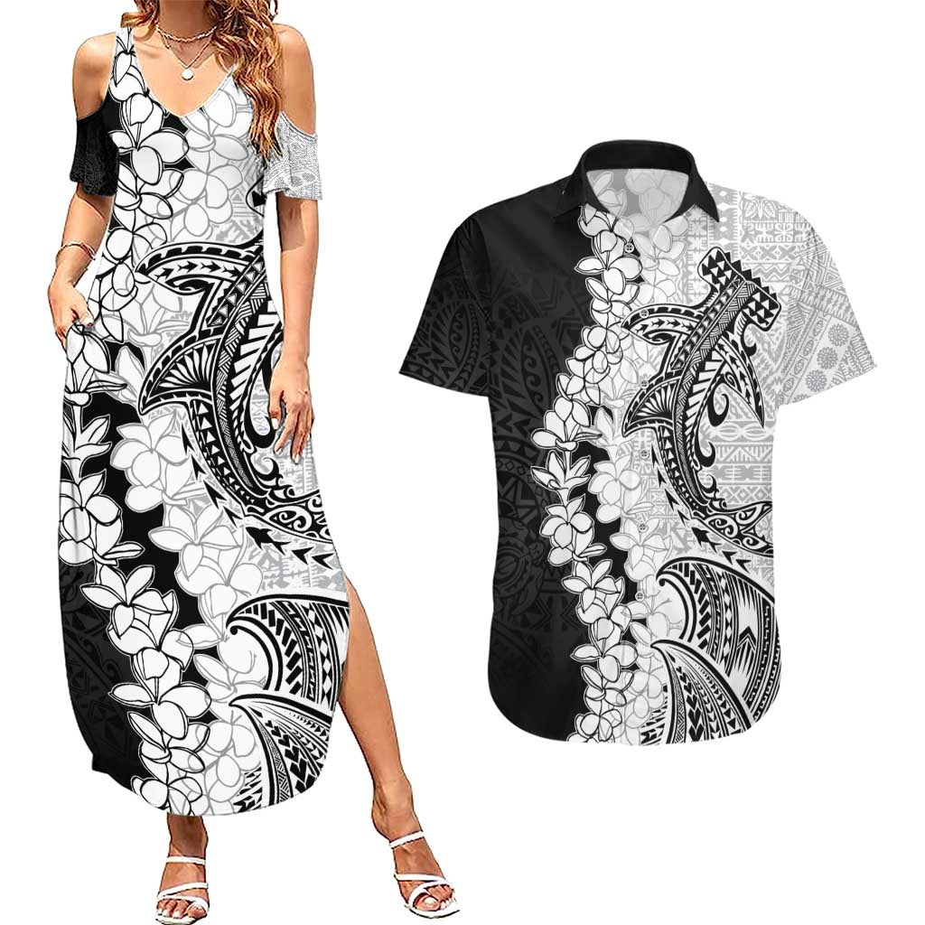 Polynesian Plumeria Lei Couples Matching Summer Maxi Dress and Hawaiian Shirt with Hammerhead Shark LT7 Black - Polynesian Pride