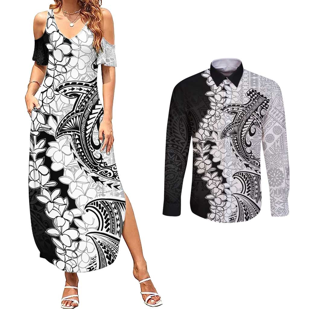 Polynesian Plumeria Lei Couples Matching Summer Maxi Dress and Long Sleeve Button Shirt with Hammerhead Shark LT7 Black - Polynesian Pride