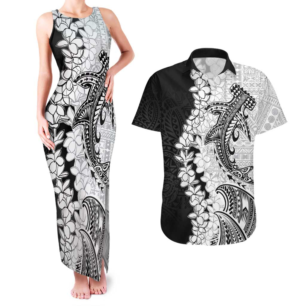 Polynesian Plumeria Lei Couples Matching Tank Maxi Dress and Hawaiian Shirt with Hammerhead Shark LT7 Black - Polynesian Pride
