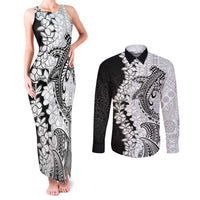 Polynesian Plumeria Lei Couples Matching Tank Maxi Dress and Long Sleeve Button Shirt with Hammerhead Shark LT7 Black - Polynesian Pride