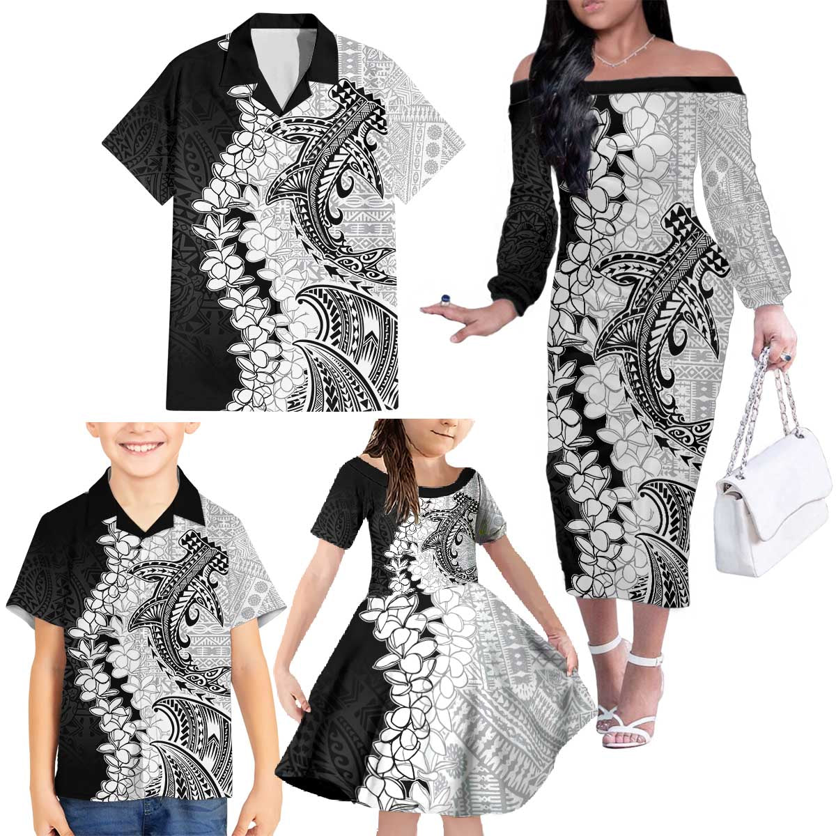 Polynesian Plumeria Lei Family Matching Off The Shoulder Long Sleeve Dress and Hawaiian Shirt with Hammerhead Shark