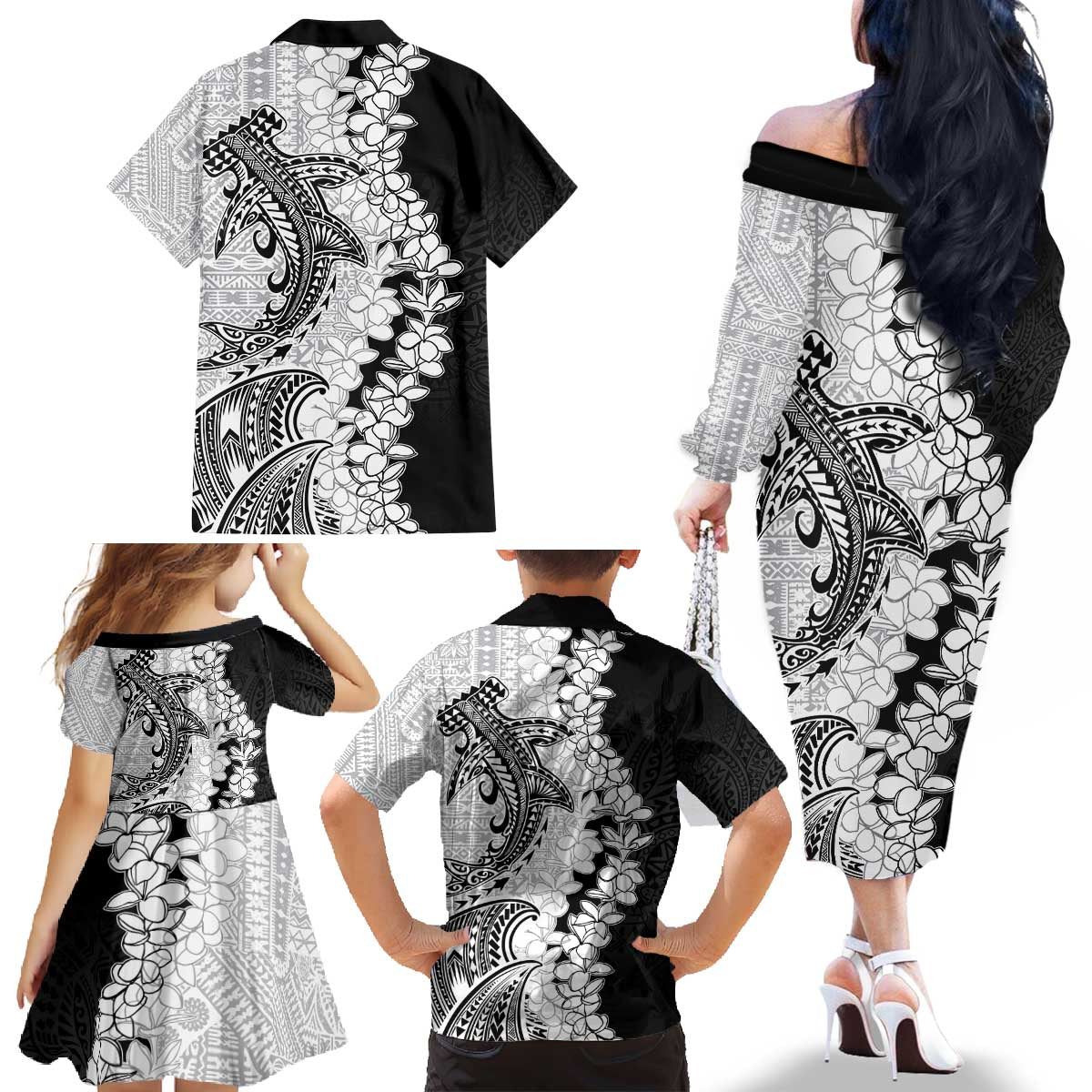 Polynesian Plumeria Lei Family Matching Off The Shoulder Long Sleeve Dress and Hawaiian Shirt with Hammerhead Shark