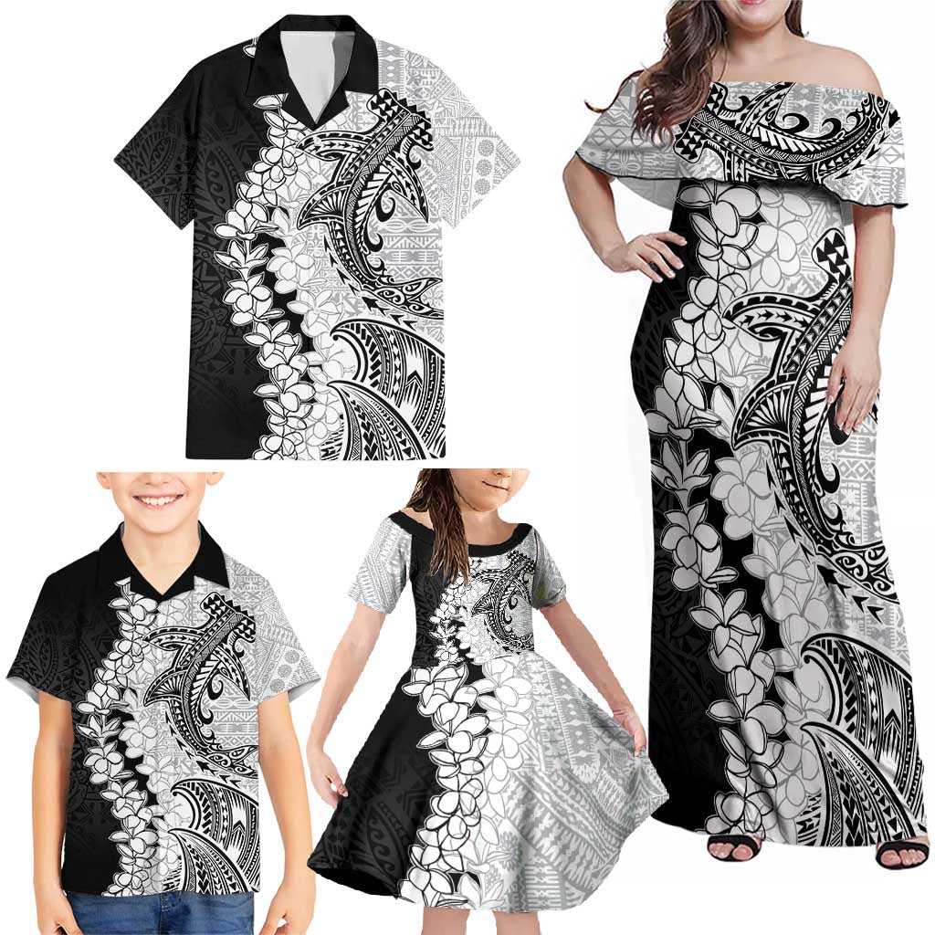 Polynesian Plumeria Lei Family Matching Off Shoulder Maxi Dress and Hawaiian Shirt with Hammerhead Shark