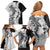 Polynesian Plumeria Lei Family Matching Off Shoulder Short Dress and Hawaiian Shirt with Hammerhead Shark