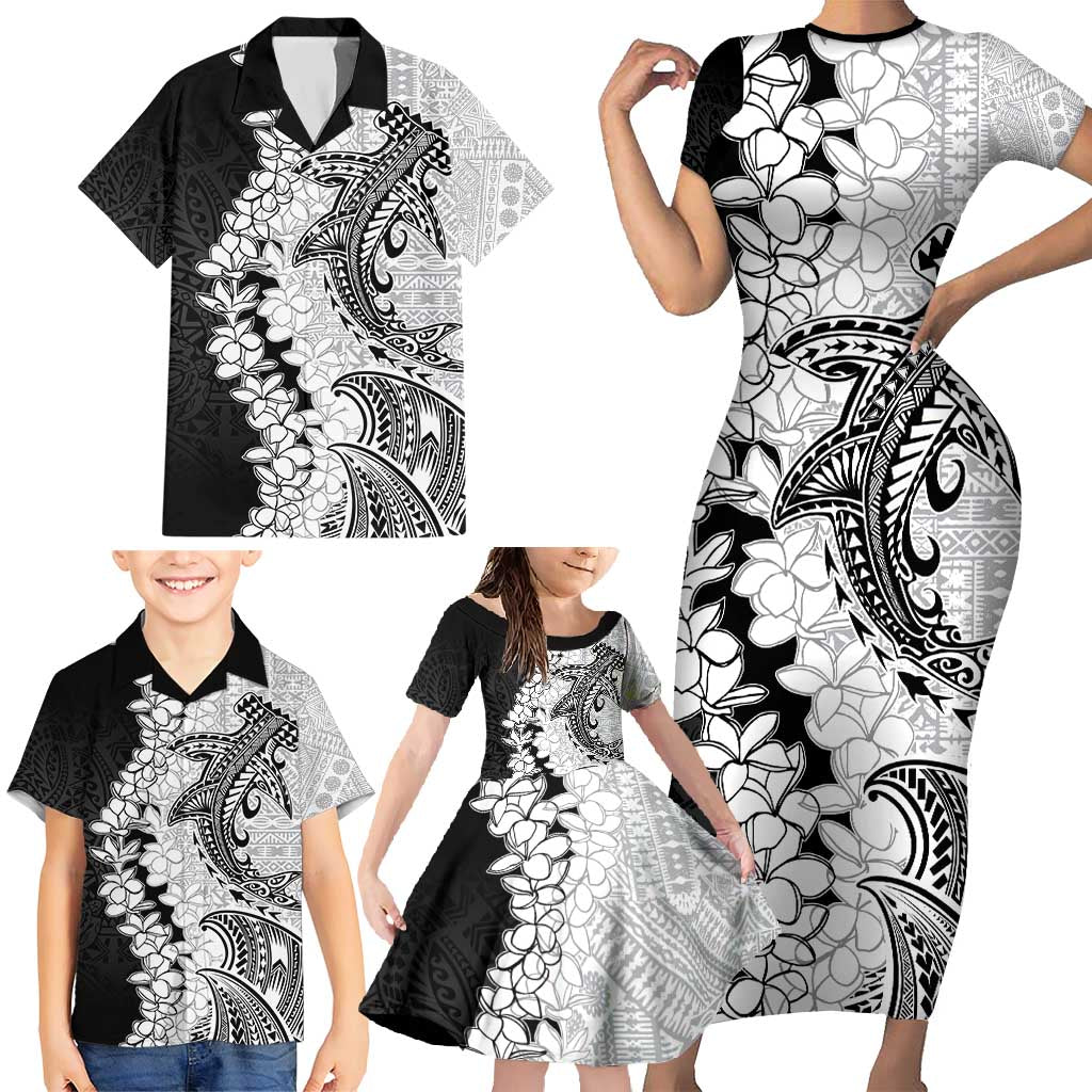 Polynesian Plumeria Lei Family Matching Short Sleeve Bodycon Dress and Hawaiian Shirt with Hammerhead Shark