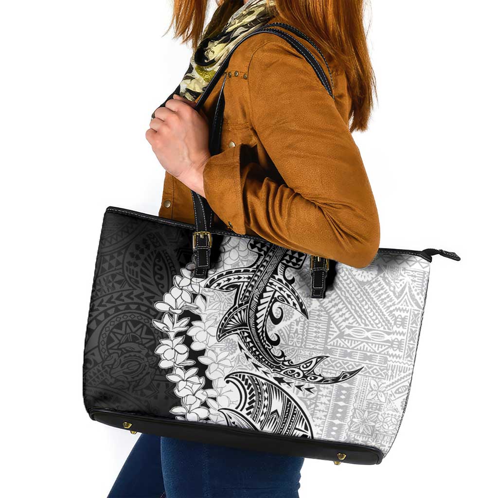 Polynesian Plumeria Lei Leather Tote Bag with Hammerhead Shark LT7 Black - Polynesian Pride