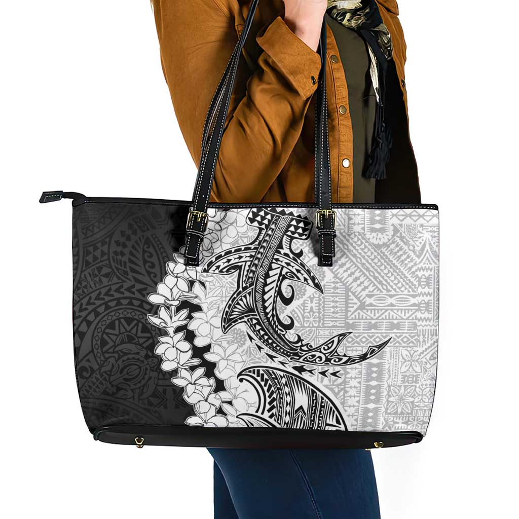 Polynesian Plumeria Lei Leather Tote Bag with Hammerhead Shark LT7 - Polynesian Pride