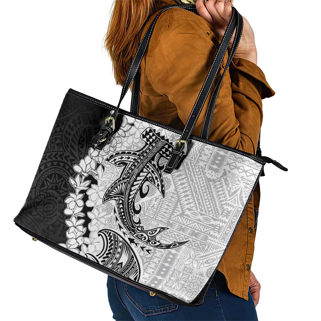 Polynesian Plumeria Lei Leather Tote Bag with Hammerhead Shark LT7 - Polynesian Pride