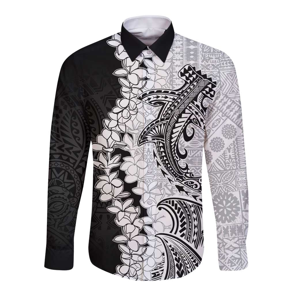 Polynesian Plumeria Lei Long Sleeve Button Shirt with Hammerhead Shark