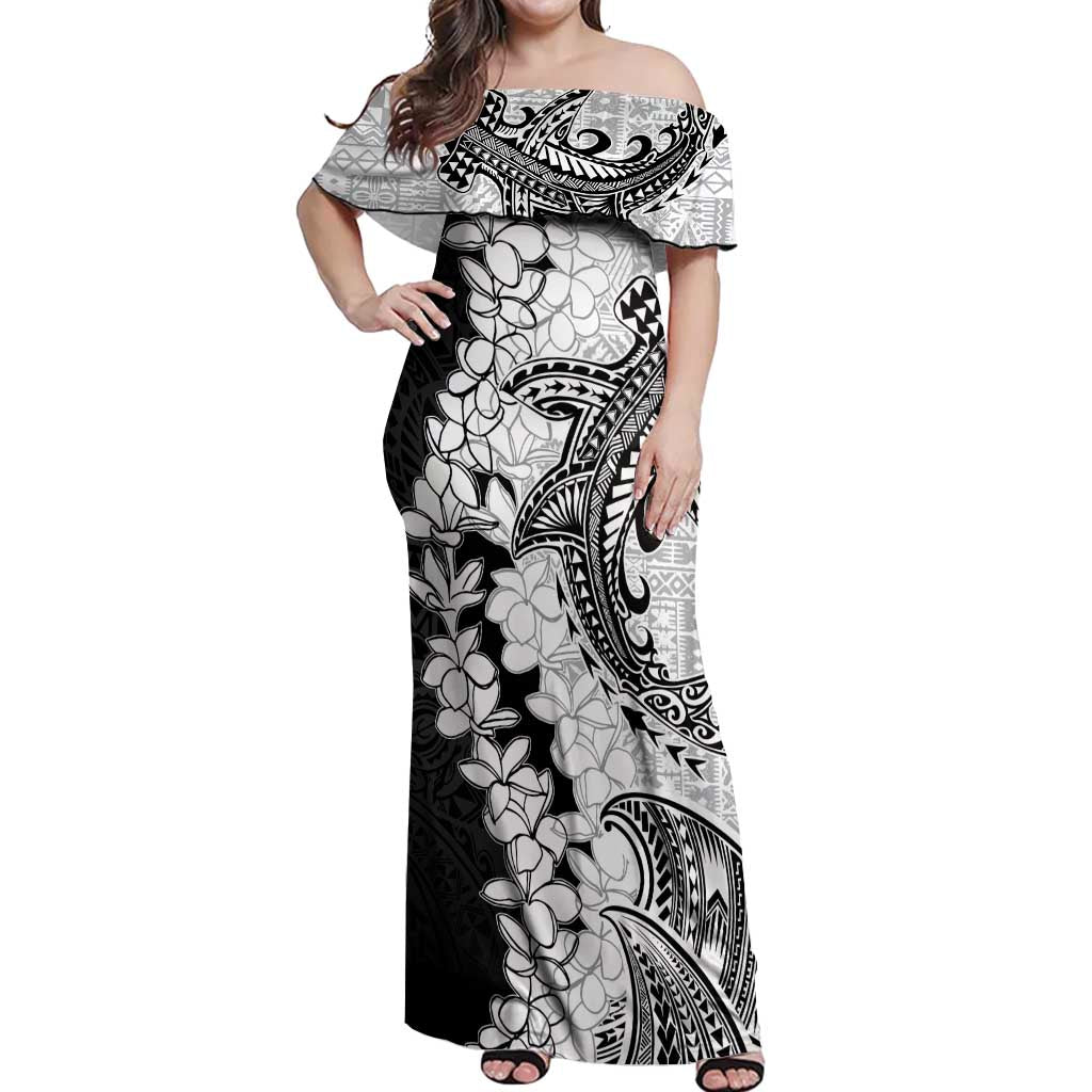 Polynesian Plumeria Lei Off Shoulder Maxi Dress with Hammerhead Shark LT7 Women Black - Polynesian Pride