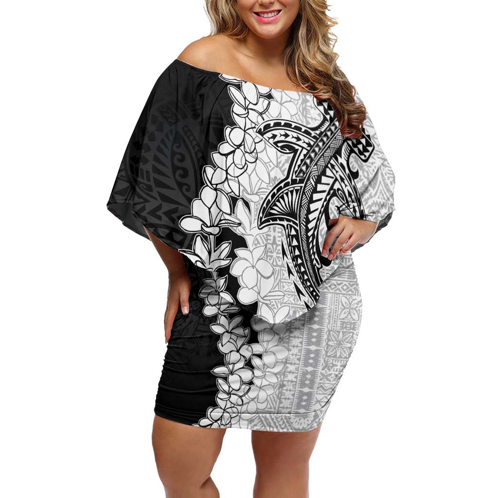 Polynesian Plumeria Lei Off Shoulder Short Dress with Hammerhead Shark LT7 Women Black - Polynesian Pride