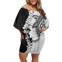 Polynesian Plumeria Lei Off Shoulder Short Dress with Hammerhead Shark LT7 Women Black - Polynesian Pride