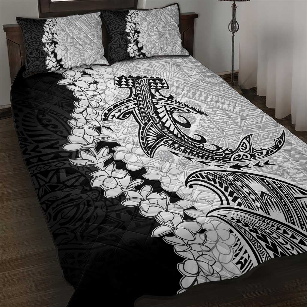 Polynesian Plumeria Lei Quilt Bed Set with Hammerhead Shark