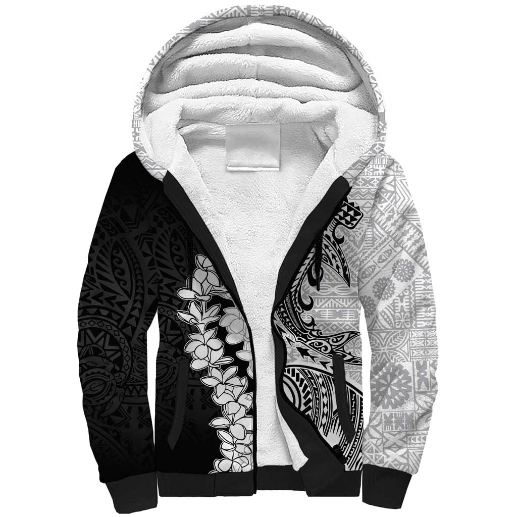 Polynesian Plumeria Lei Sherpa Hoodie with Hammerhead Shark LT7 Unisex Black - Polynesian Pride