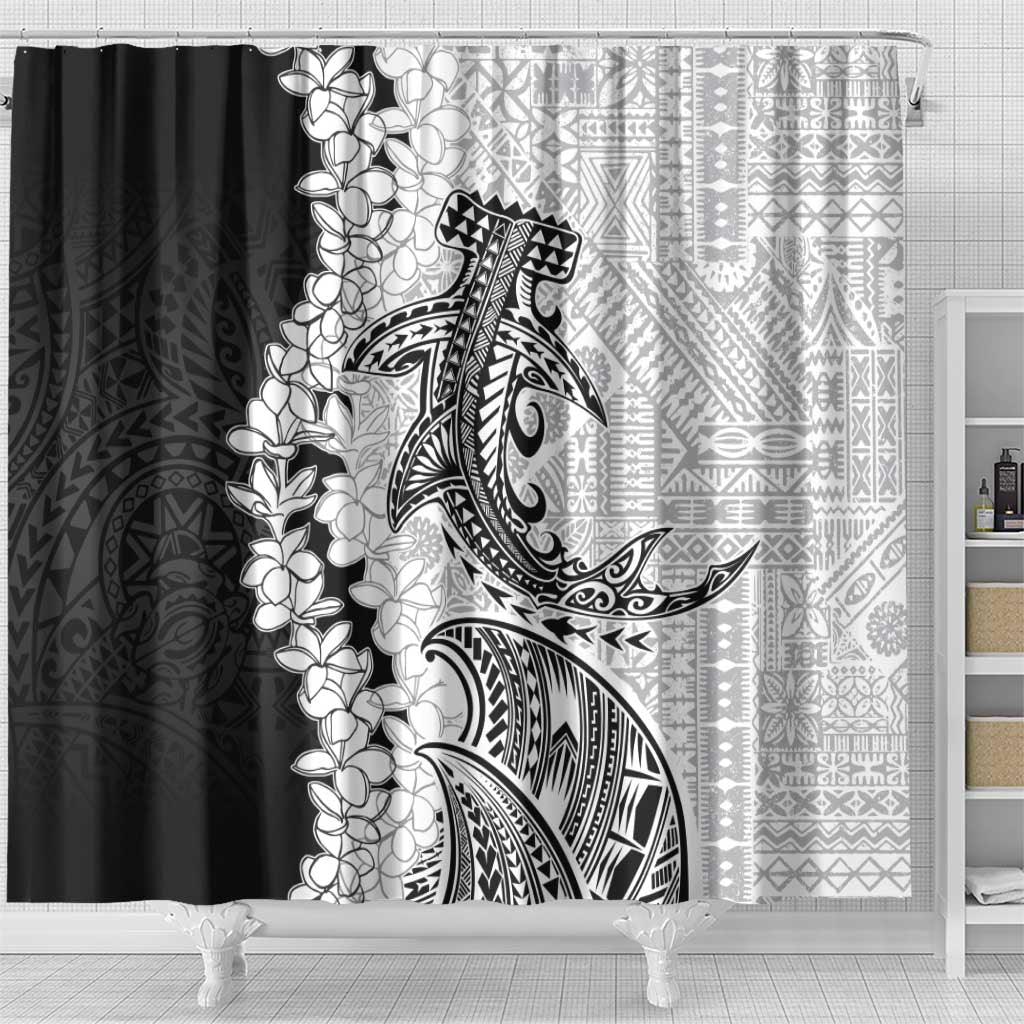 Polynesian Plumeria Lei Shower Curtain with Hammerhead Shark