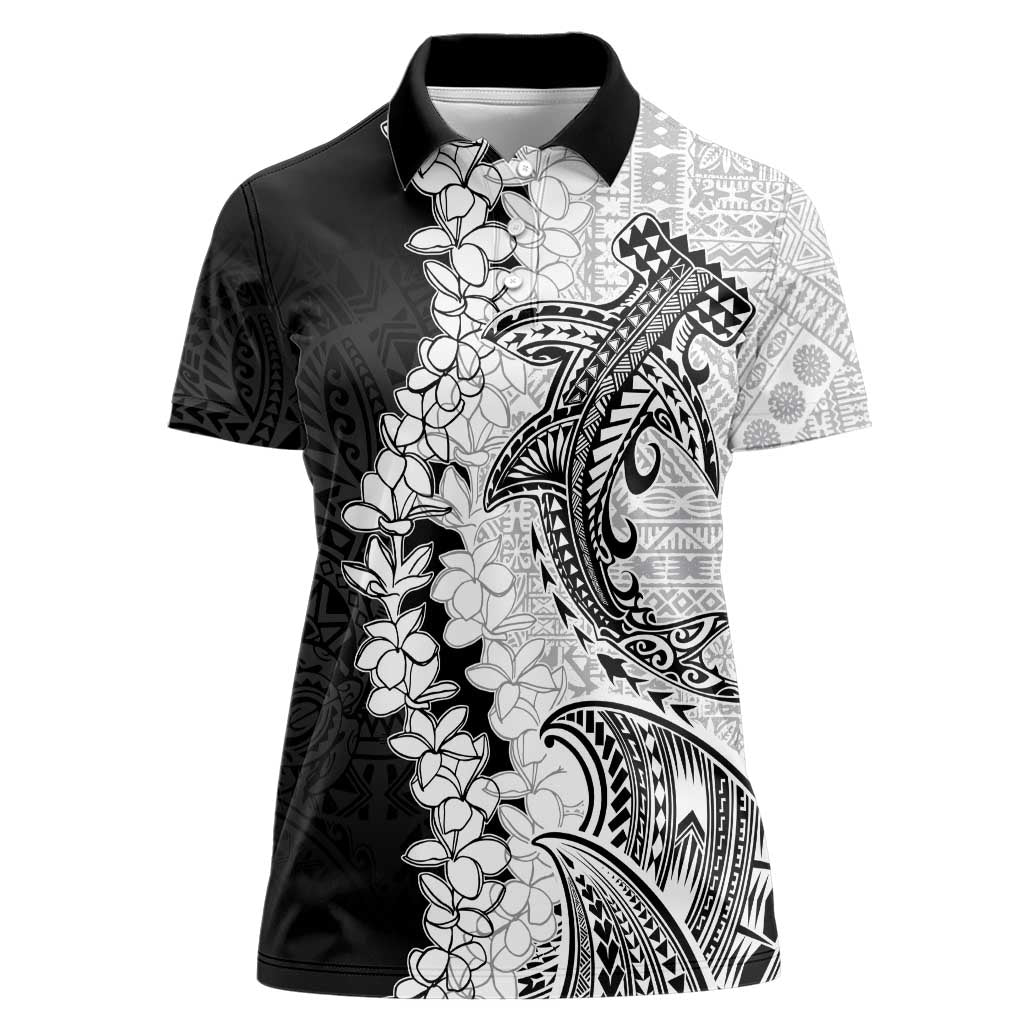 Polynesian Plumeria Lei Women Polo Shirt with Hammerhead Shark