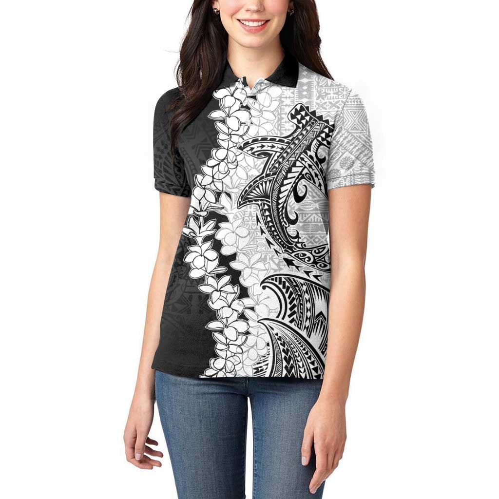 Polynesian Plumeria Lei Women Polo Shirt with Hammerhead Shark