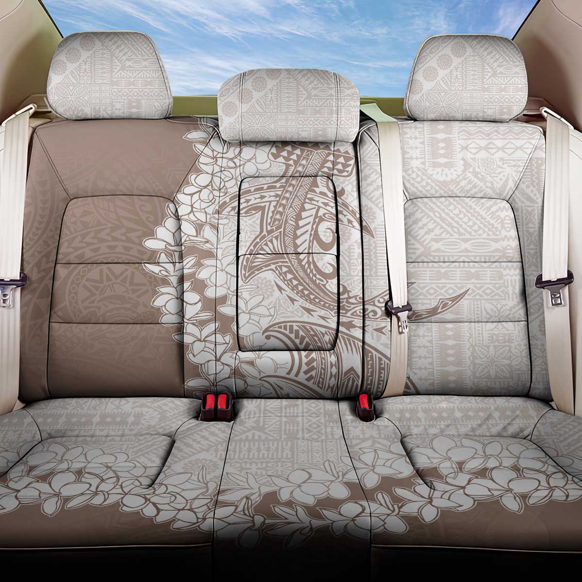 Polynesian Beige Plumeria Lei Back Car Seat Cover with Hammerhead Shark