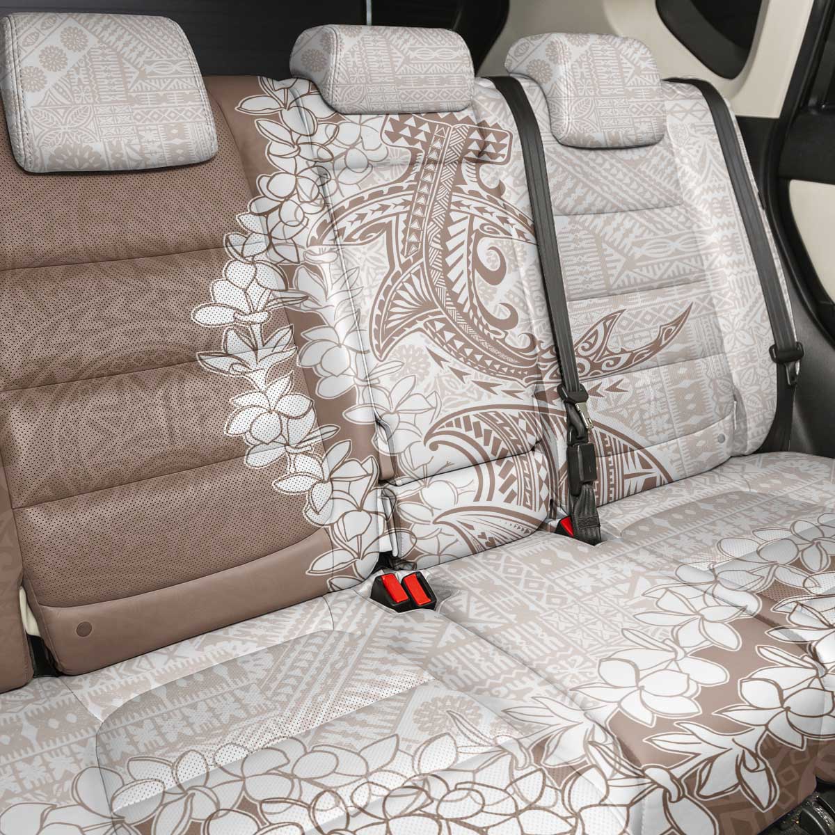 Polynesian Beige Plumeria Lei Back Car Seat Cover with Hammerhead Shark