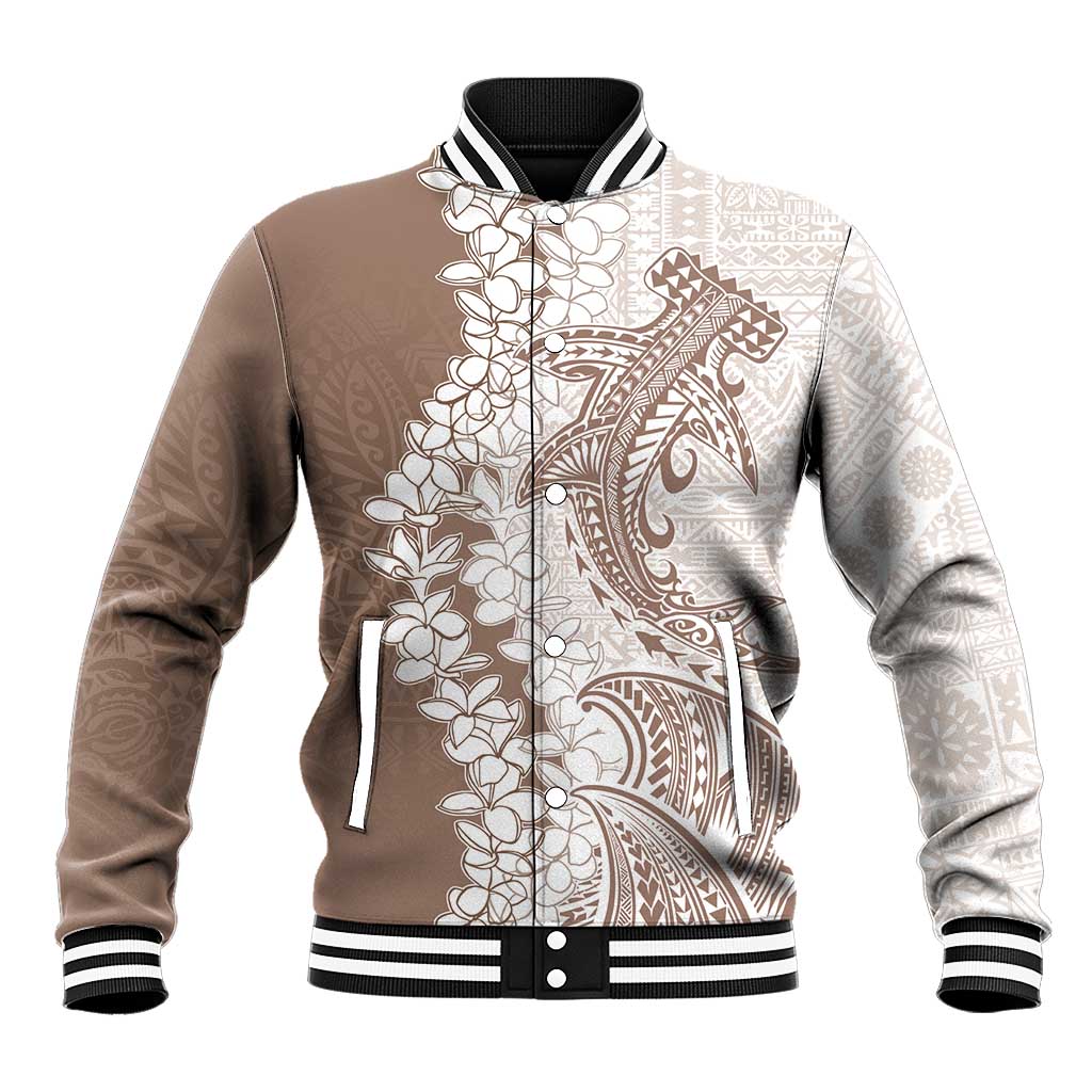 Polynesian Beige Plumeria Lei Baseball Jacket with Hammerhead Shark LT7 Unisex Beige - Polynesian Pride
