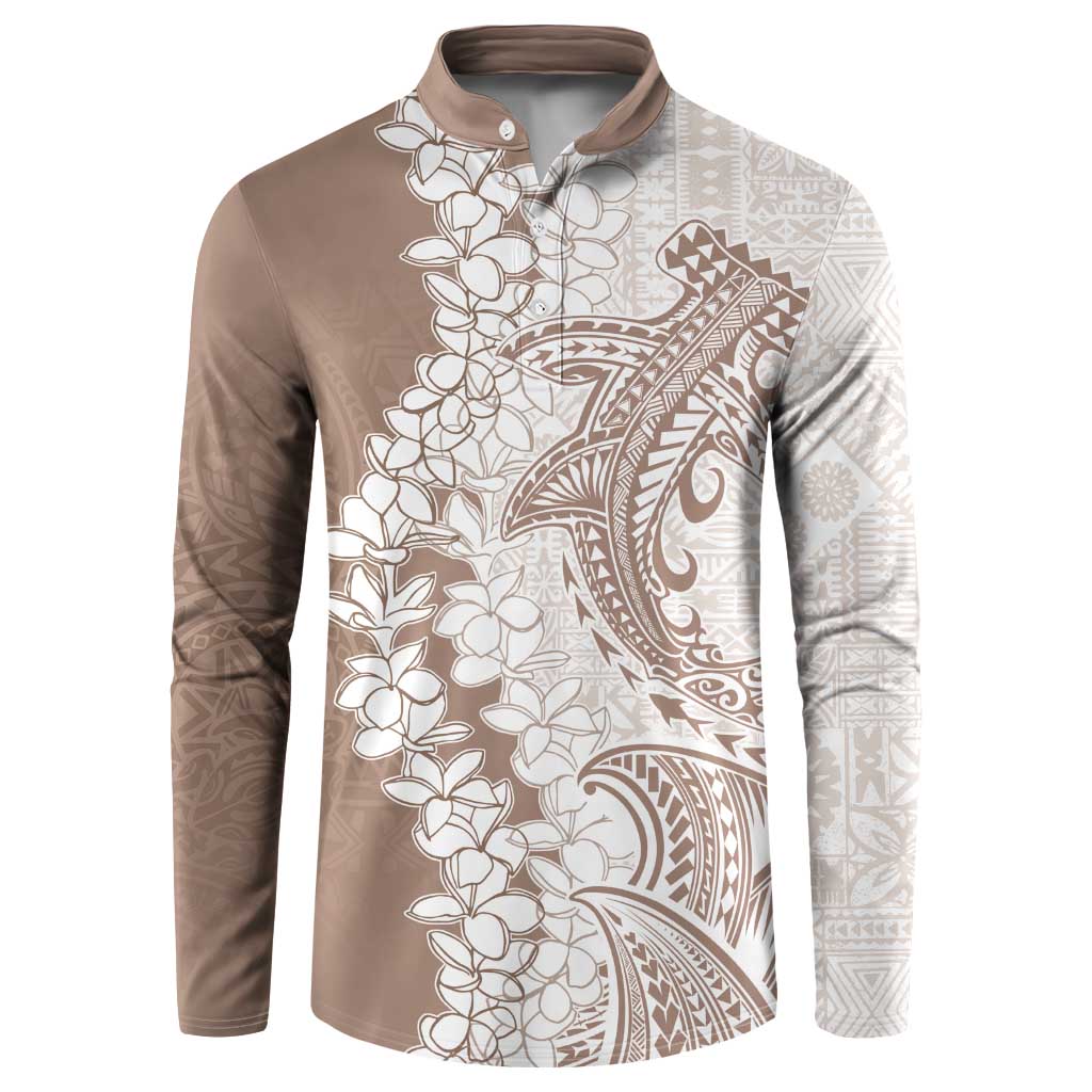 Polynesian Beige Plumeria Lei Button Sweatshirt with Hammerhead Shark LT7 Beige - Polynesian Pride