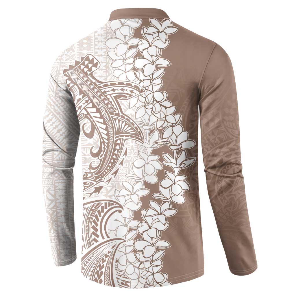 Polynesian Beige Plumeria Lei Button Sweatshirt with Hammerhead Shark LT7 - Polynesian Pride