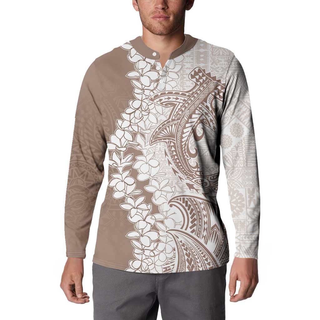 Polynesian Beige Plumeria Lei Button Sweatshirt with Hammerhead Shark LT7 - Polynesian Pride