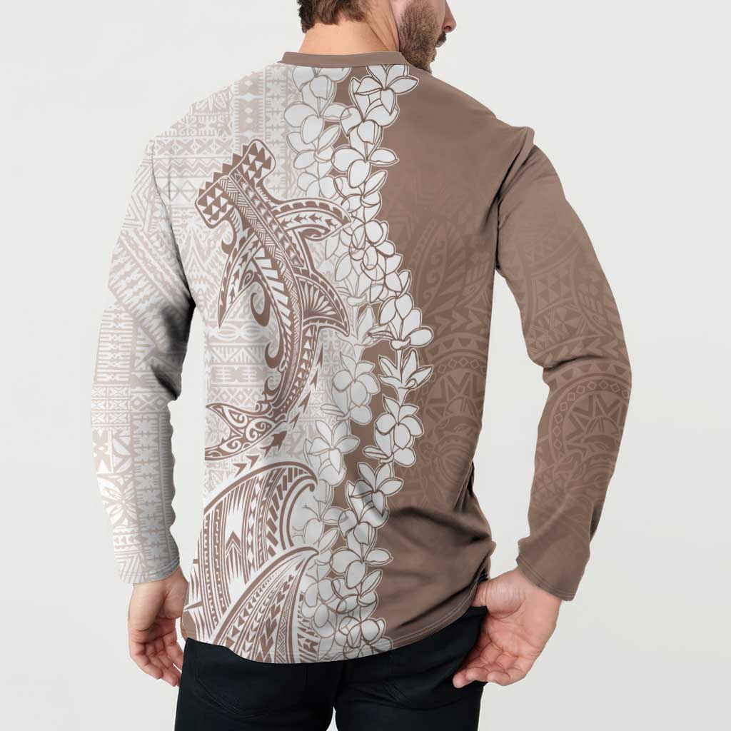 Polynesian Beige Plumeria Lei Button Sweatshirt with Hammerhead Shark LT7 - Polynesian Pride