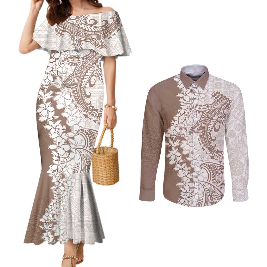 Polynesian Beige Plumeria Lei Couples Matching Mermaid Dress and Long Sleeve Button Shirt with Hammerhead Shark LT7 Beige - Polynesian Pride
