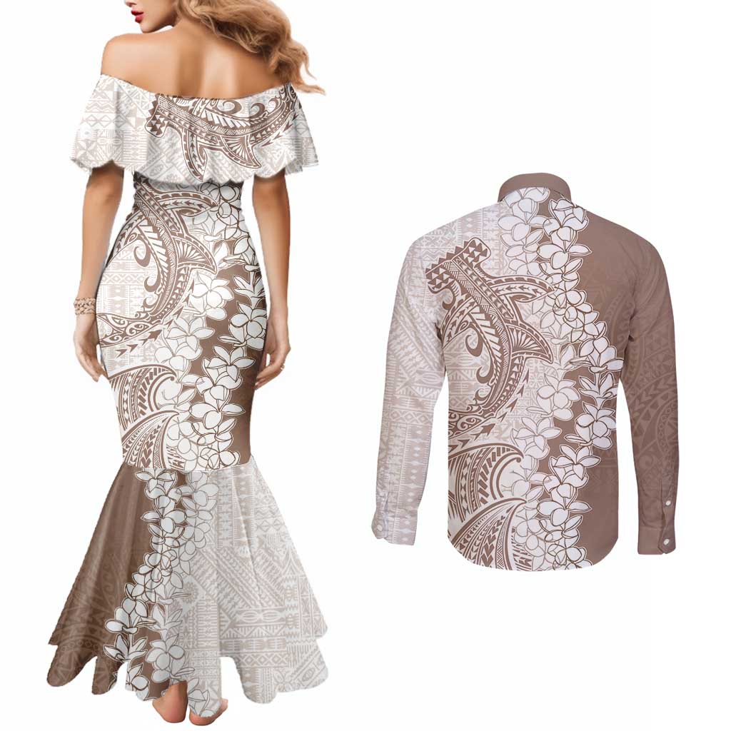 Polynesian Beige Plumeria Lei Couples Matching Mermaid Dress and Long Sleeve Button Shirt with Hammerhead Shark LT7 - Polynesian Pride