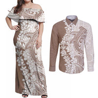 Polynesian Beige Plumeria Lei Couples Matching Off Shoulder Maxi Dress and Long Sleeve Button Shirt with Hammerhead Shark LT7 Beige - Polynesian Pride