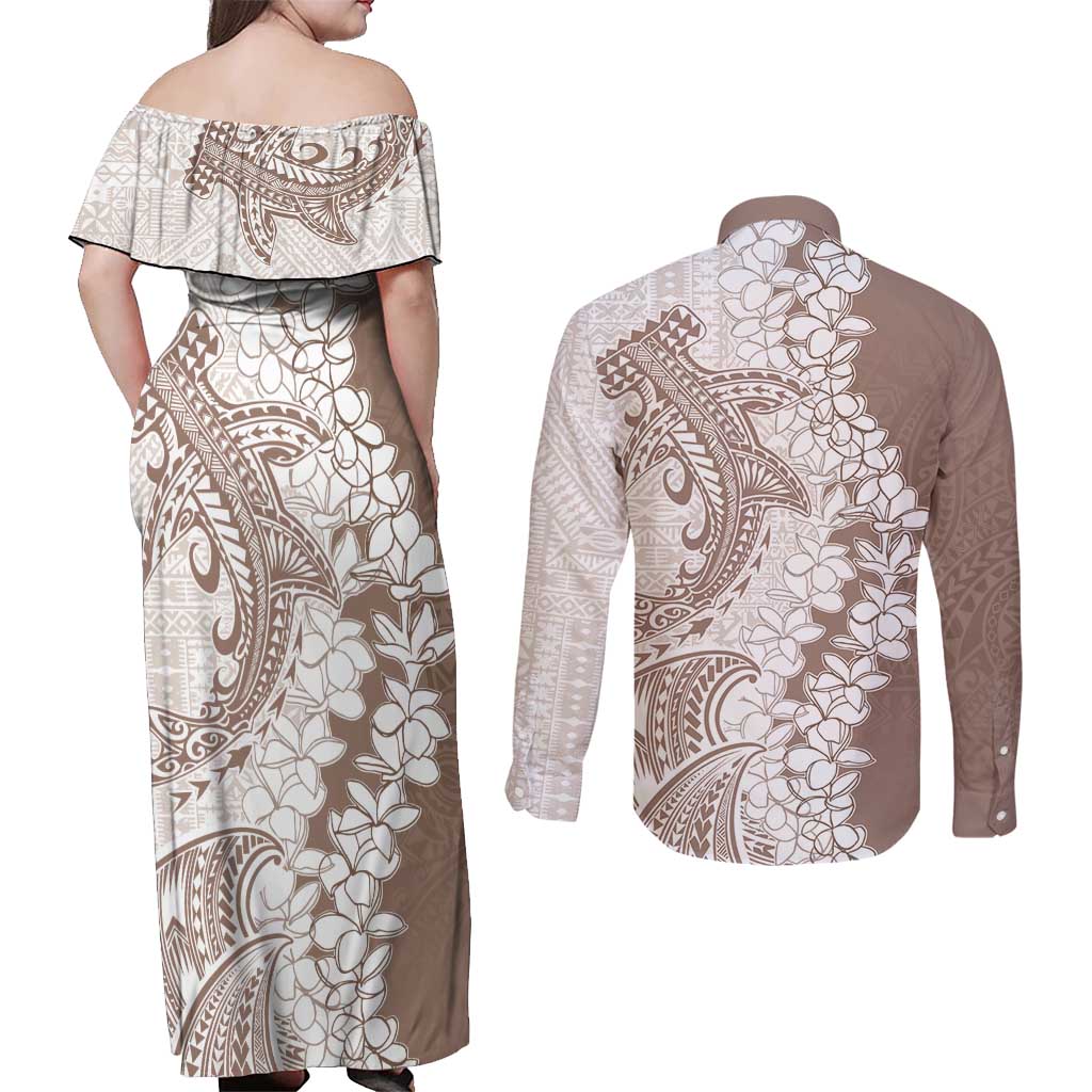 Polynesian Beige Plumeria Lei Couples Matching Off Shoulder Maxi Dress and Long Sleeve Button Shirt with Hammerhead Shark LT7 - Polynesian Pride