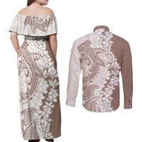 Polynesian Beige Plumeria Lei Couples Matching Off Shoulder Maxi Dress and Long Sleeve Button Shirt with Hammerhead Shark LT7 - Polynesian Pride