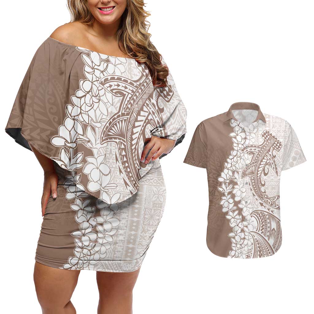 Polynesian Beige Plumeria Lei Couples Matching Off Shoulder Short Dress and Hawaiian Shirt with Hammerhead Shark LT7 Beige - Polynesian Pride