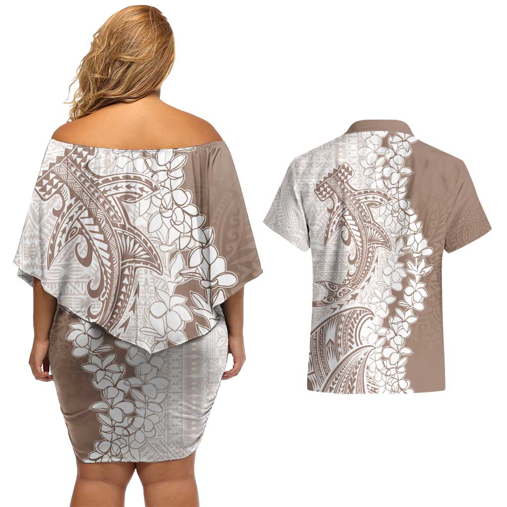 Polynesian Beige Plumeria Lei Couples Matching Off Shoulder Short Dress and Hawaiian Shirt with Hammerhead Shark