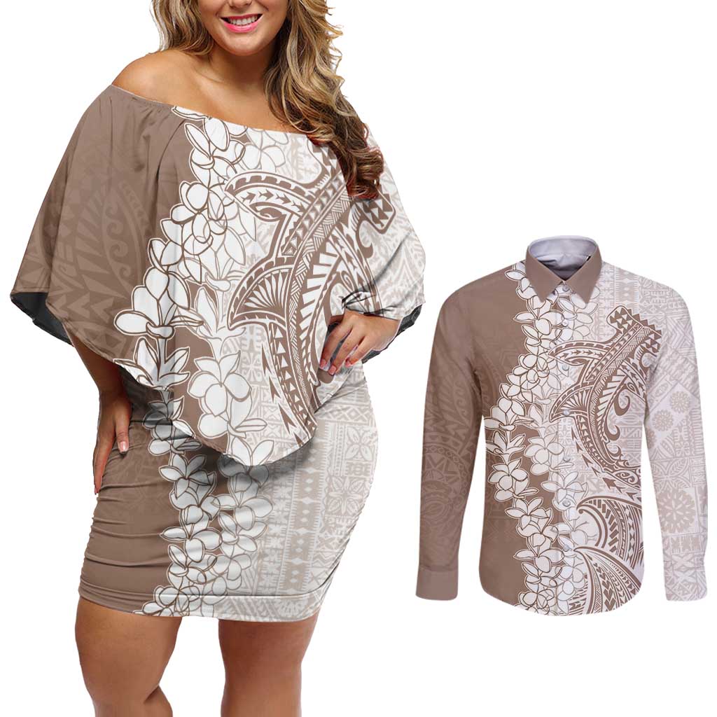 Polynesian Beige Plumeria Lei Couples Matching Off Shoulder Short Dress and Long Sleeve Button Shirt with Hammerhead Shark LT7 Beige - Polynesian Pride