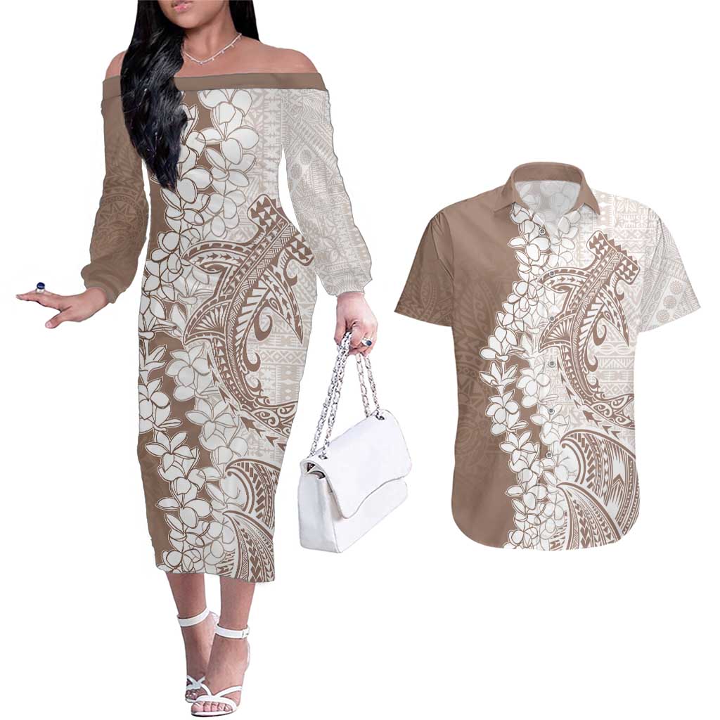 Polynesian Beige Plumeria Lei Couples Matching Off The Shoulder Long Sleeve Dress and Hawaiian Shirt with Hammerhead Shark LT7 Beige - Polynesian Pride