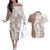 Polynesian Beige Plumeria Lei Couples Matching Off The Shoulder Long Sleeve Dress and Hawaiian Shirt with Hammerhead Shark